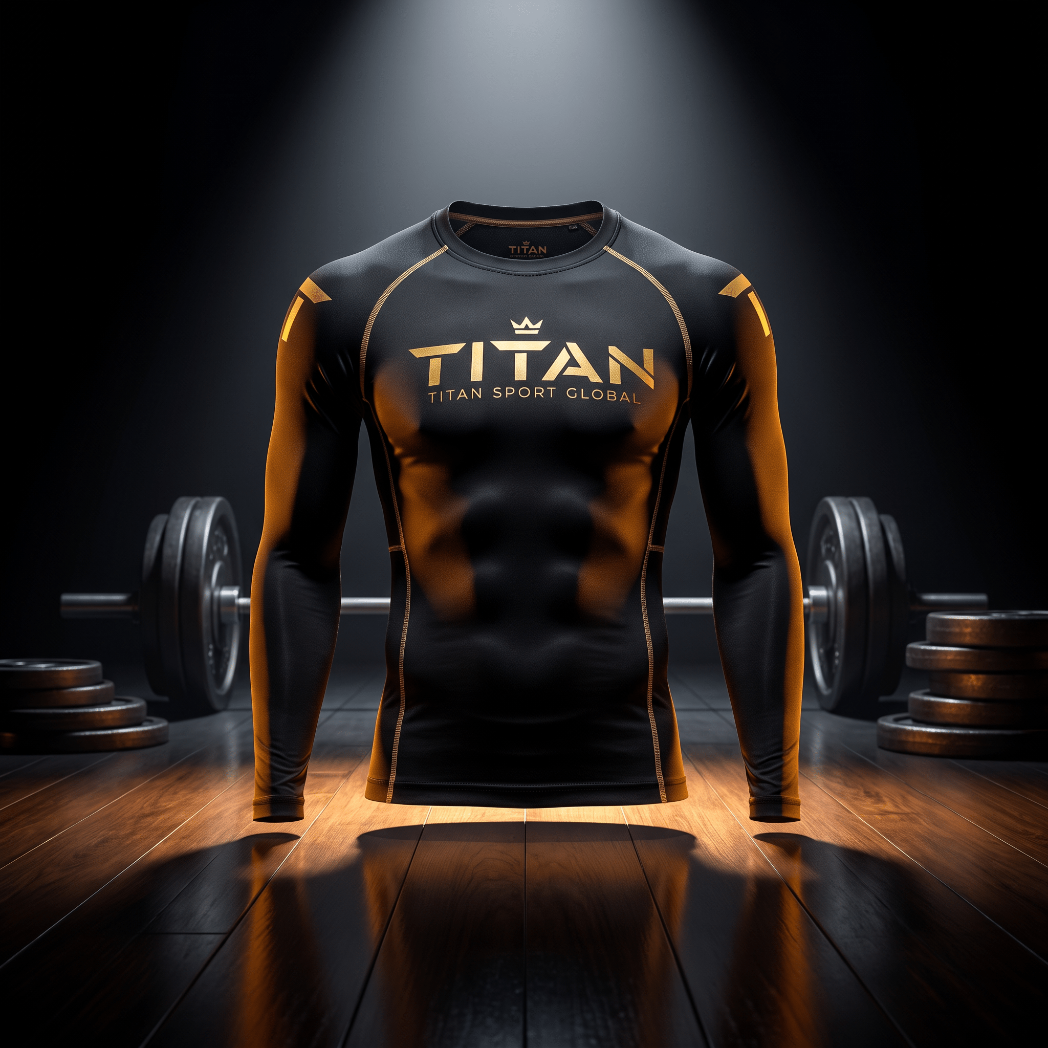 Black long-sleeve compression shirt with gold "TITAN" logo, centered against a gym background with weights.