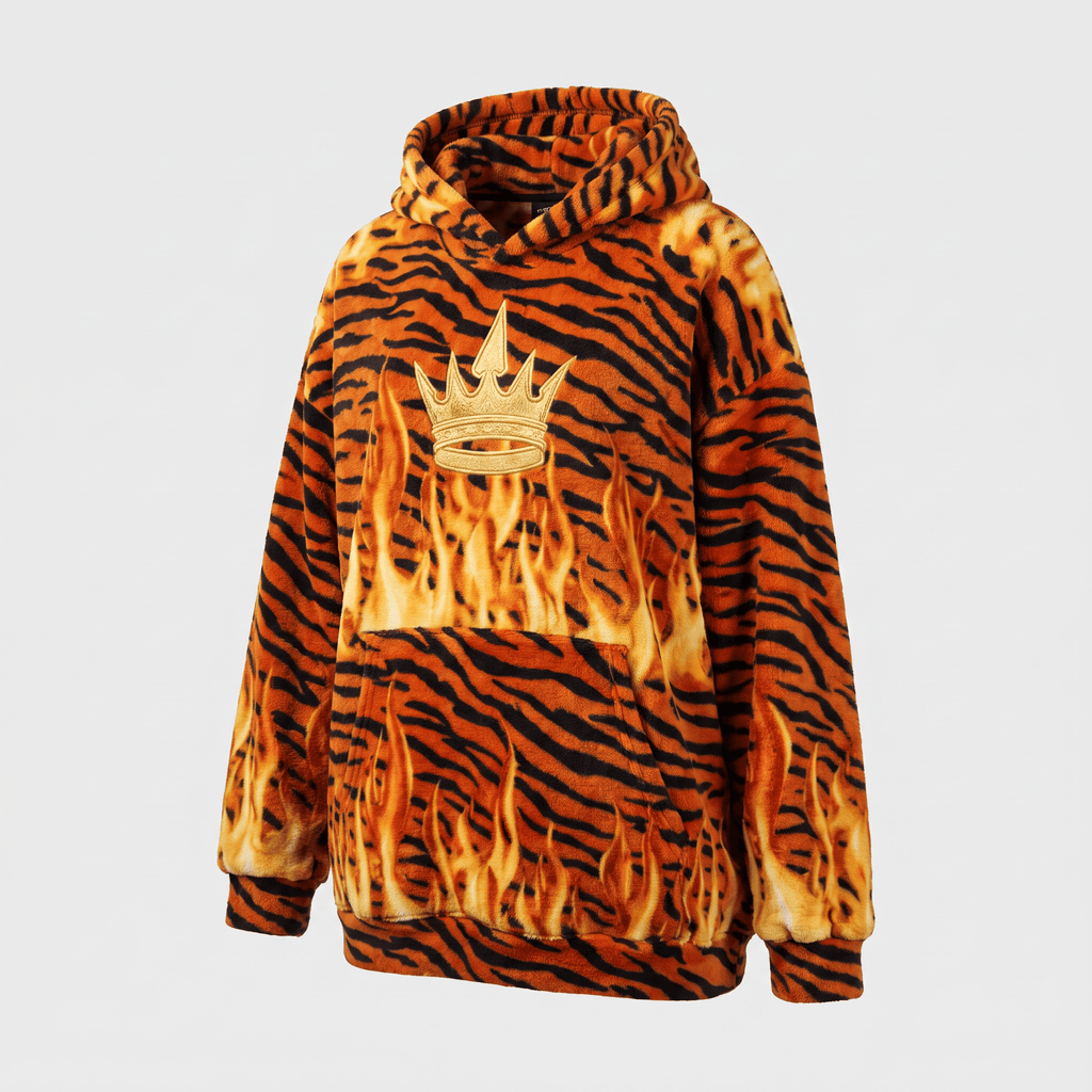 Fleece hoodie in orange and black tiger stripe with fire graphics and an embroidered gold crown on the chest.