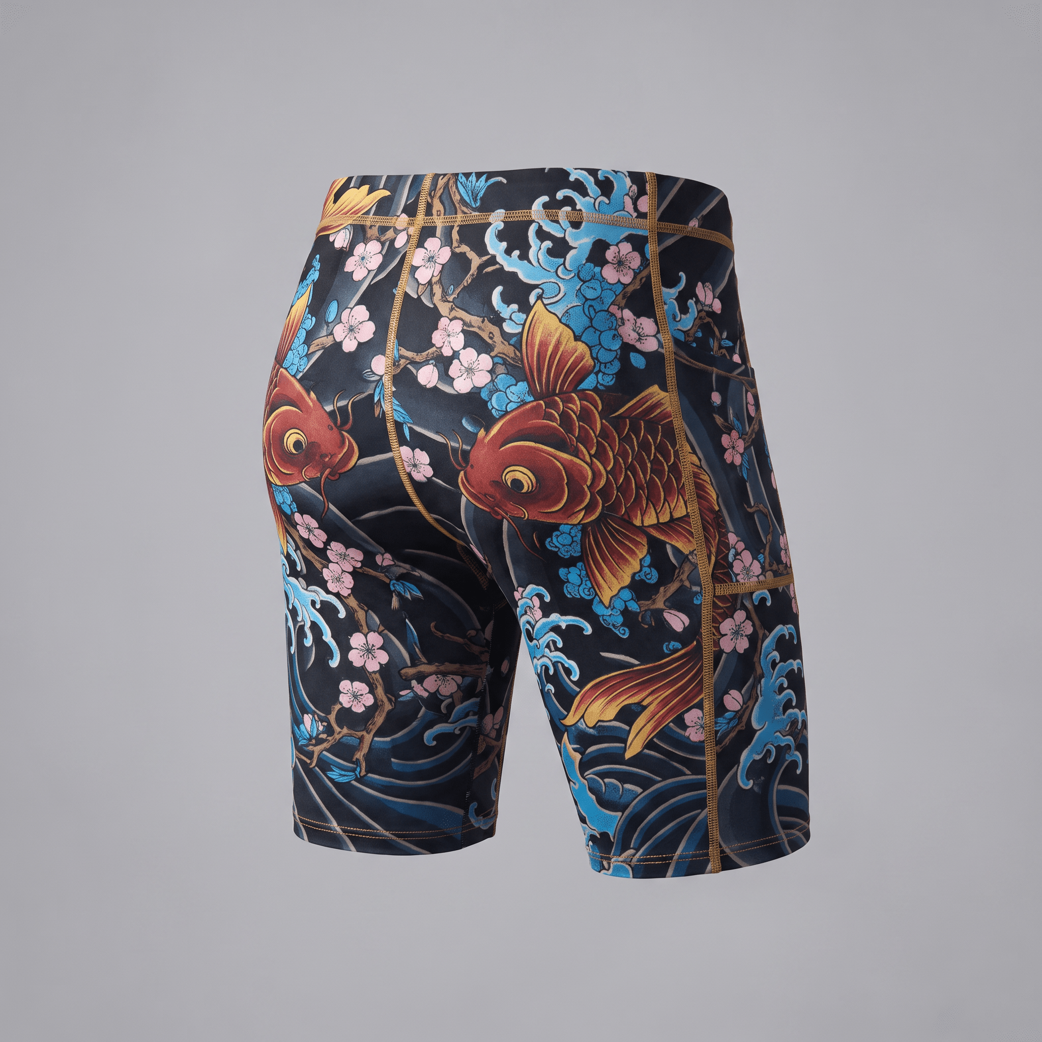 Rear view of black athletic shorts with Japanese koi fish, cherry blossom, and wave pattern.