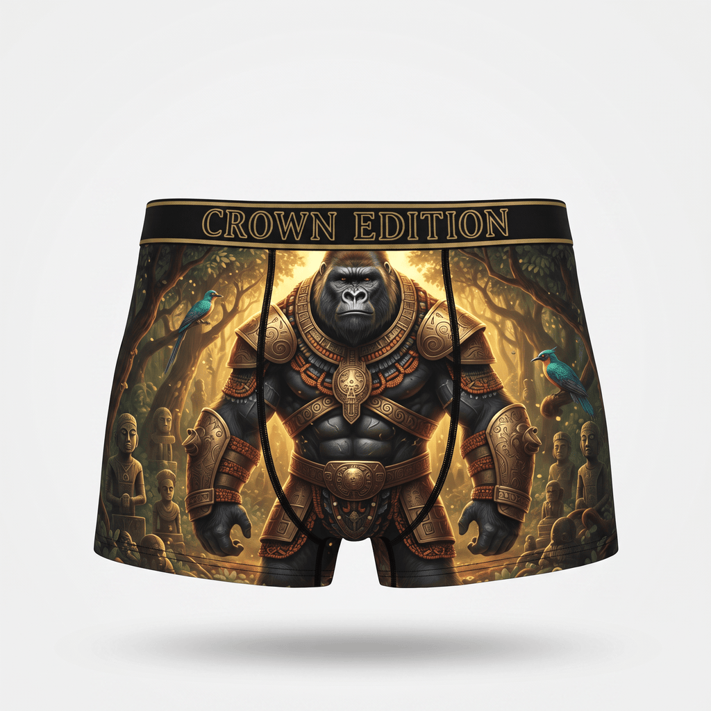 Crown Edition boxer briefs featuring an armored gorilla in a jungle graphic with blue birds and stone statues.