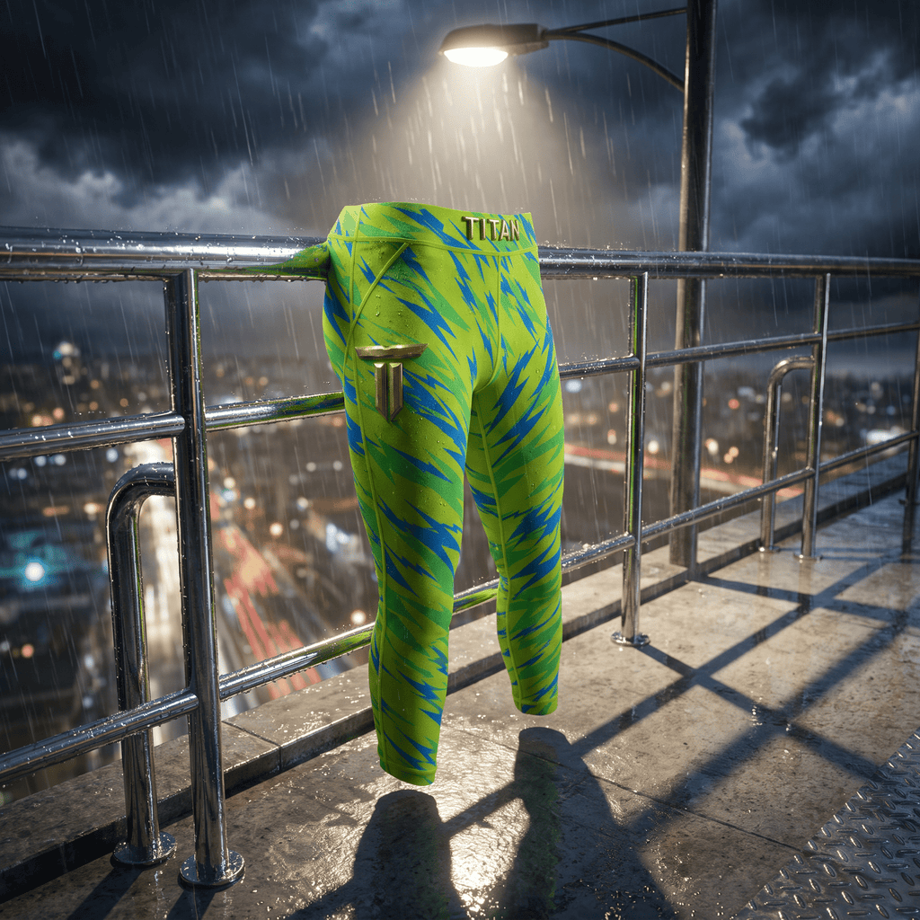 Neon green and blue patterned athletic leggings with a gold "TITAN" logo on the waistband and hip, hanging in rain.