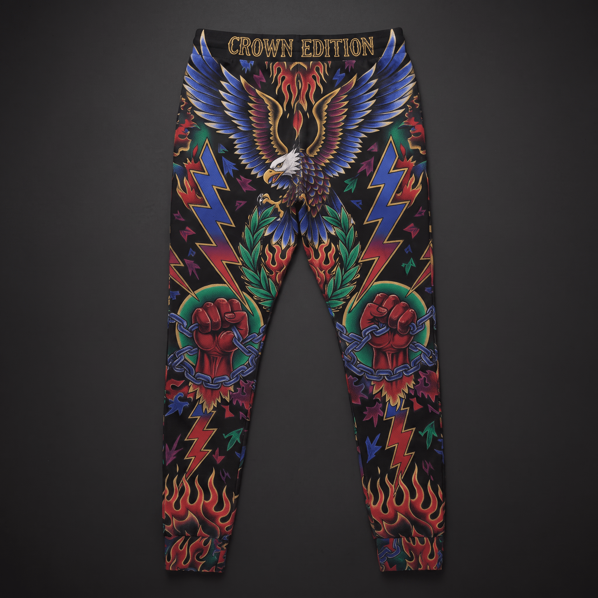 Black sweatpants with a vibrant tattoo style graphic print featuring an eagle, fists, flames, and lightning.