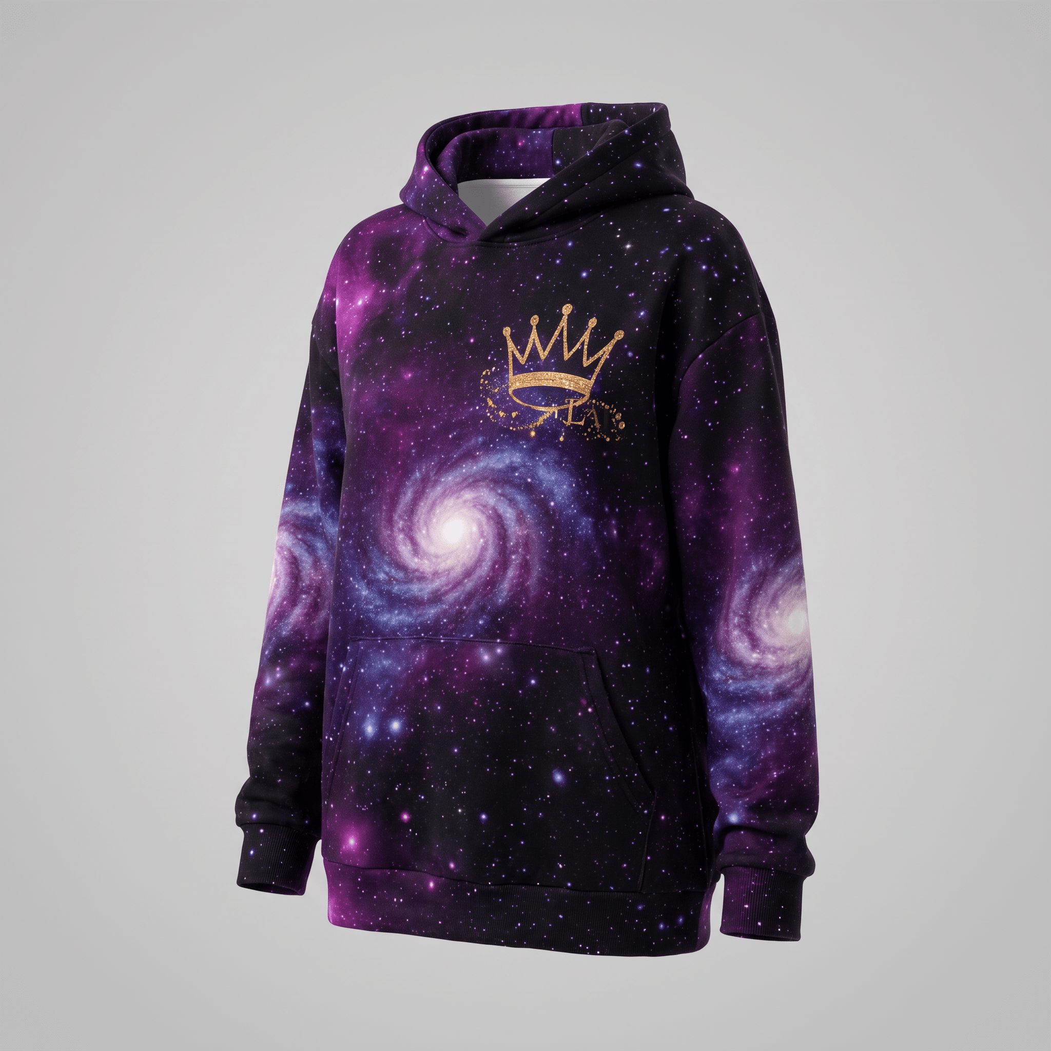 Purple galaxy print hoodie with a gold crown graphic on the chest.