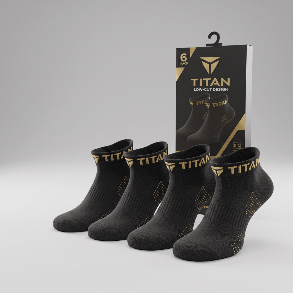 Titan black low-cut athletic socks with gold branding, displayed in a 6-pack with retail packaging.