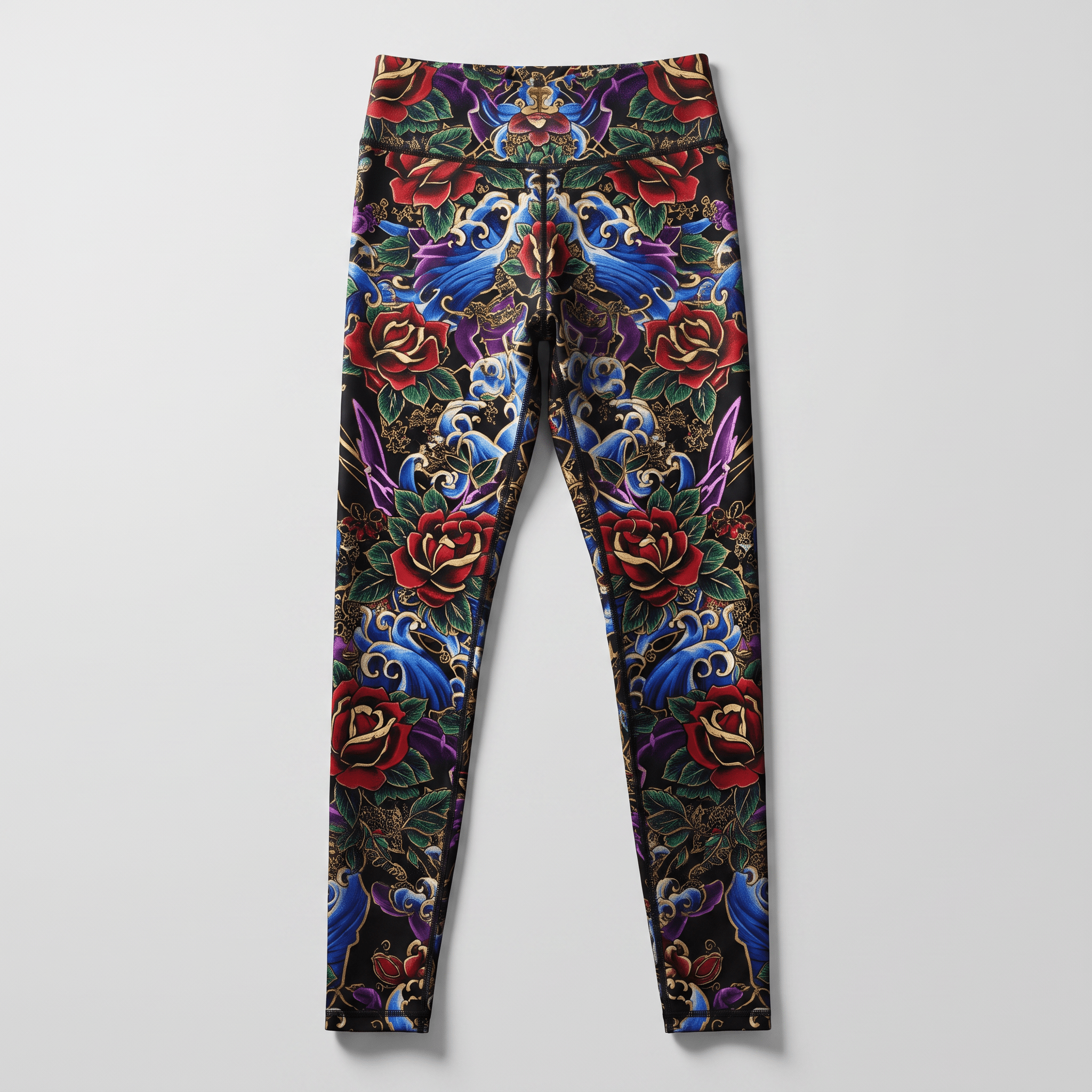 Black leggings featuring a vibrant tattoo-style print of red roses, blue waves, and ornate floral patterns.