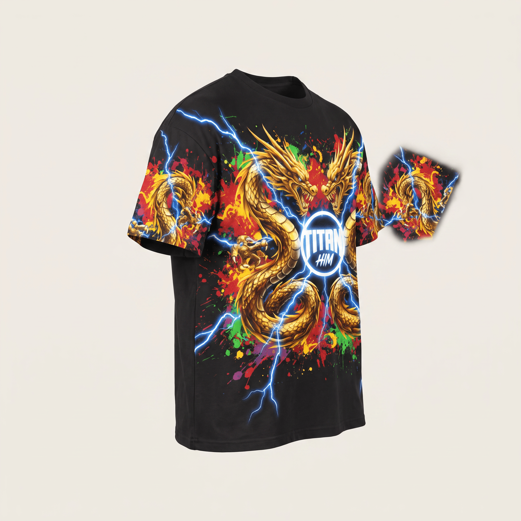 Black t-shirt featuring golden dragons, neon lightning, colorful paint splatters, and a Titan Him graphic.