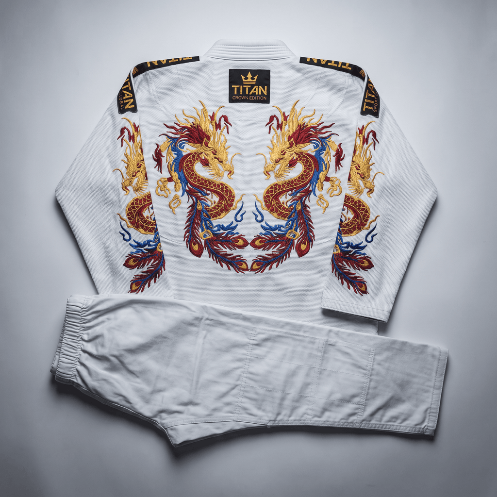 White Titan jiu-jitsu gi featuring intricate red, gold, and blue dragon embroidery on the back.