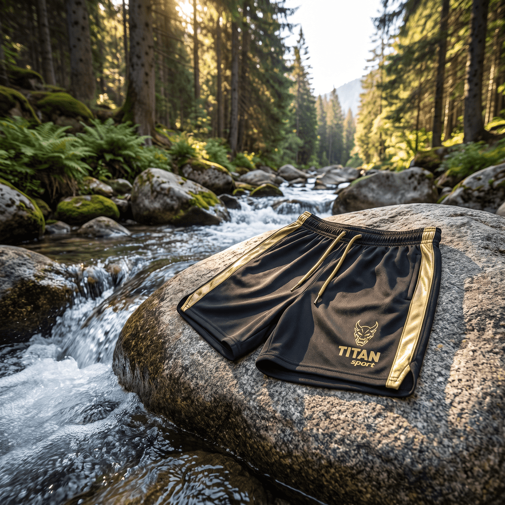 Black athletic shorts with gold side stripes and "TITAN sport" logo, resting on a rock by a forest stream.