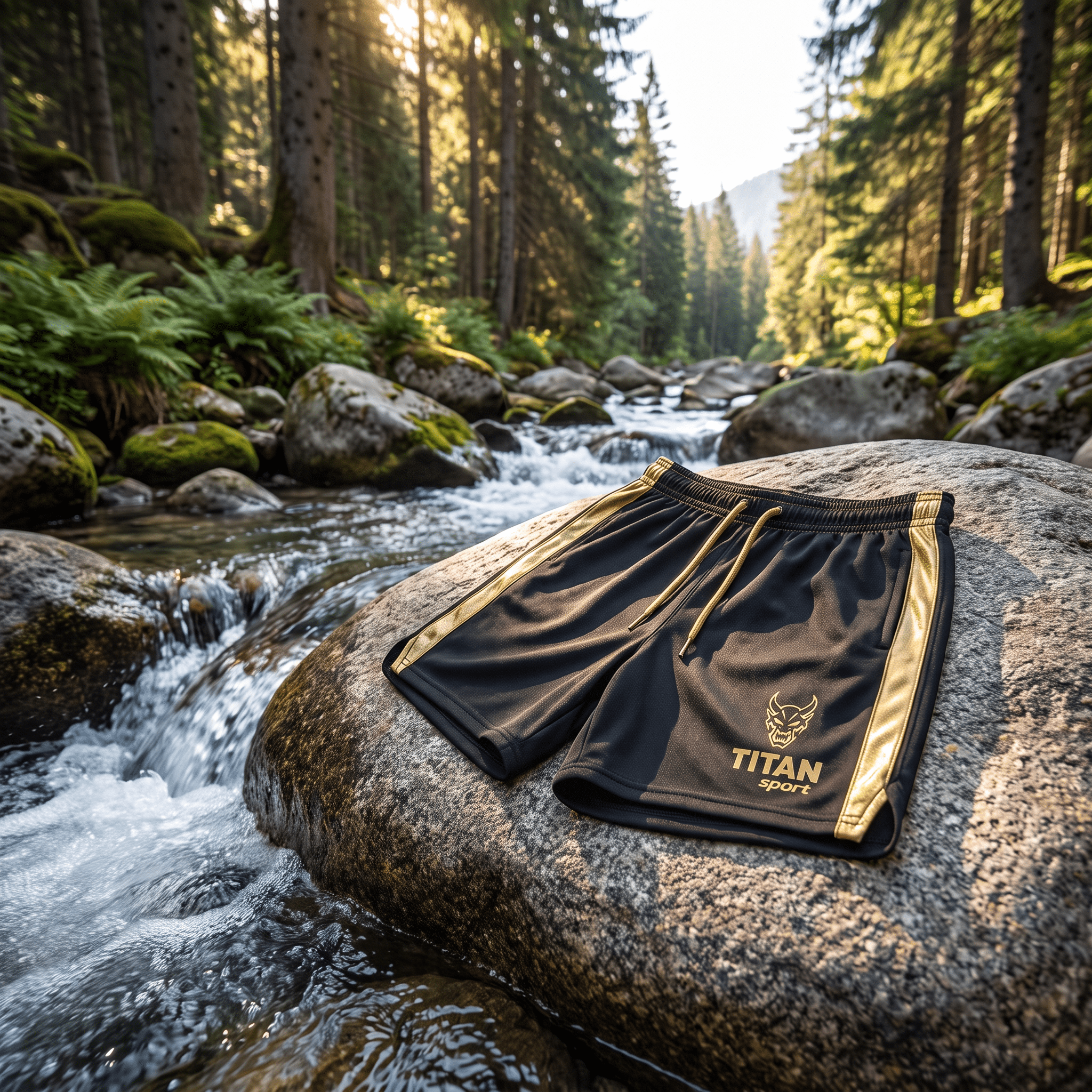 Black athletic shorts with gold side stripes and "TITAN sport" logo, resting on a rock by a forest stream.
