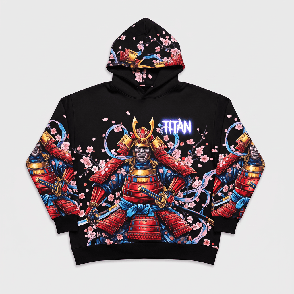 Black hoodie featuring a colorful samurai graphic with cherry blossoms and the word Titan.