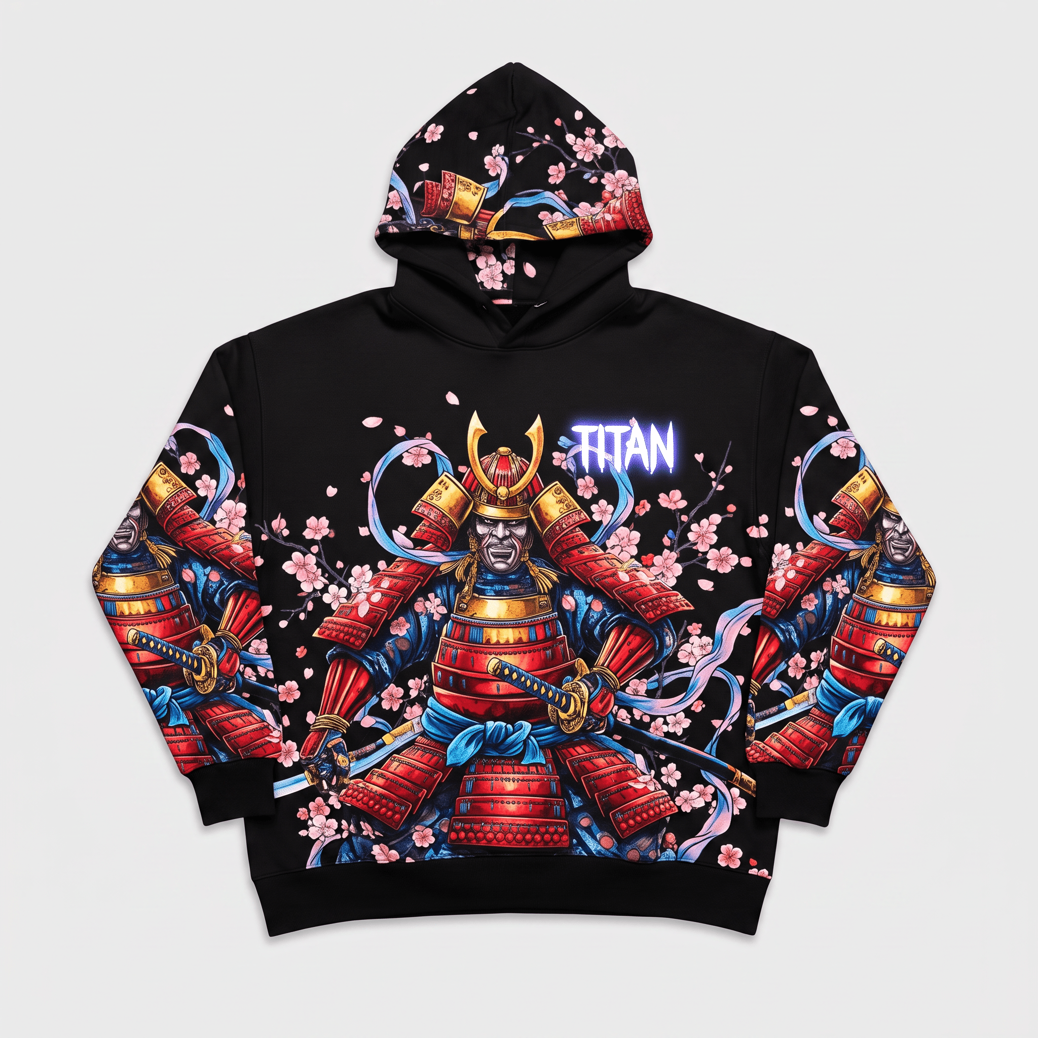 Black hoodie featuring a colorful samurai graphic with cherry blossoms and the word Titan.
