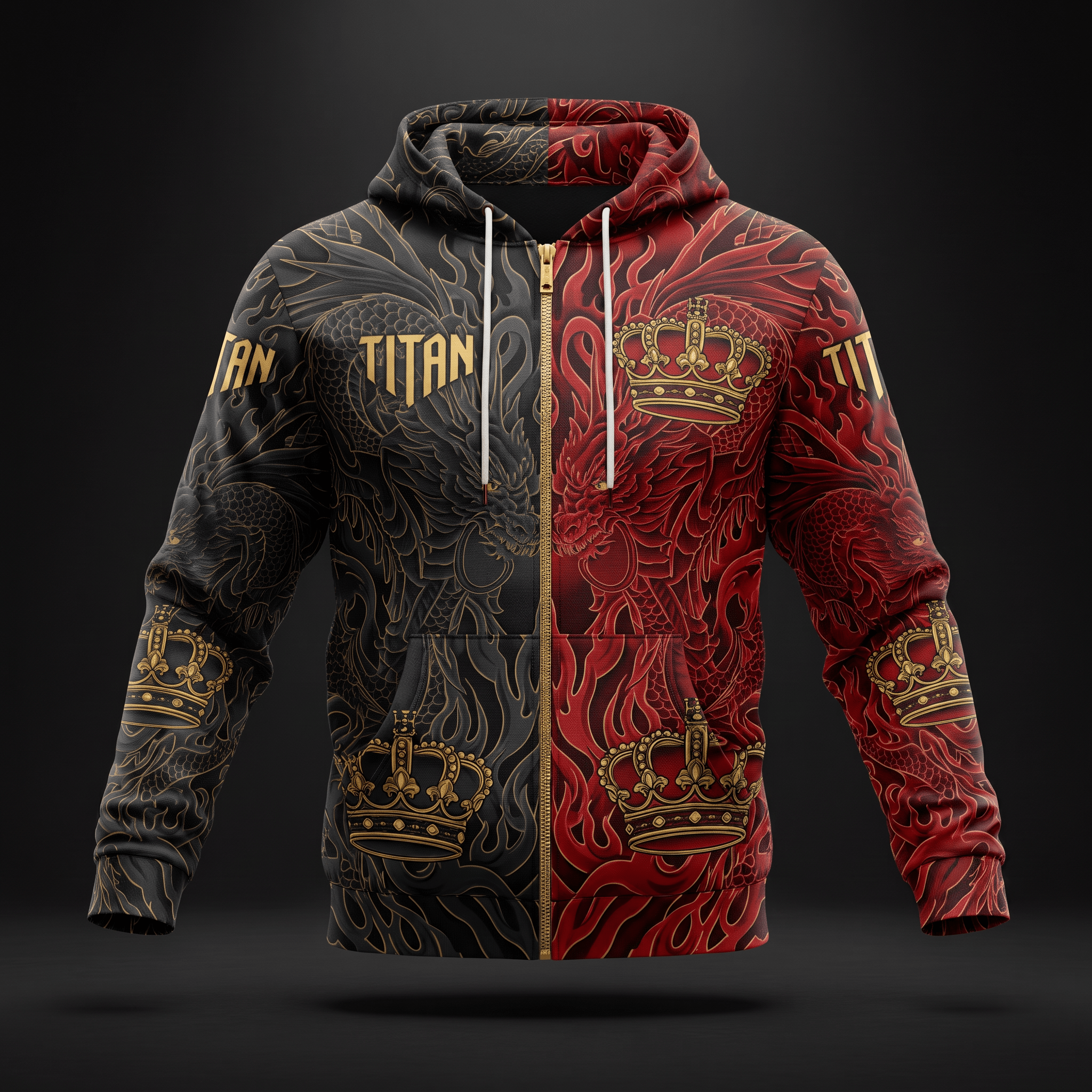 Black and red zip-up hoodie featuring a dragon scale pattern, gold crowns, and Titan branding.