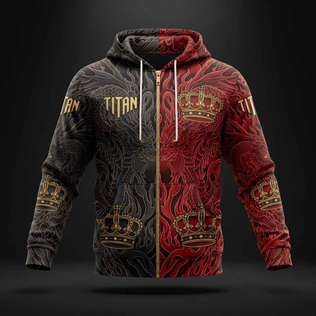 Black and red zip-up hoodie featuring split dragon graphics, gold crown accents, and Titan text on a dark background.