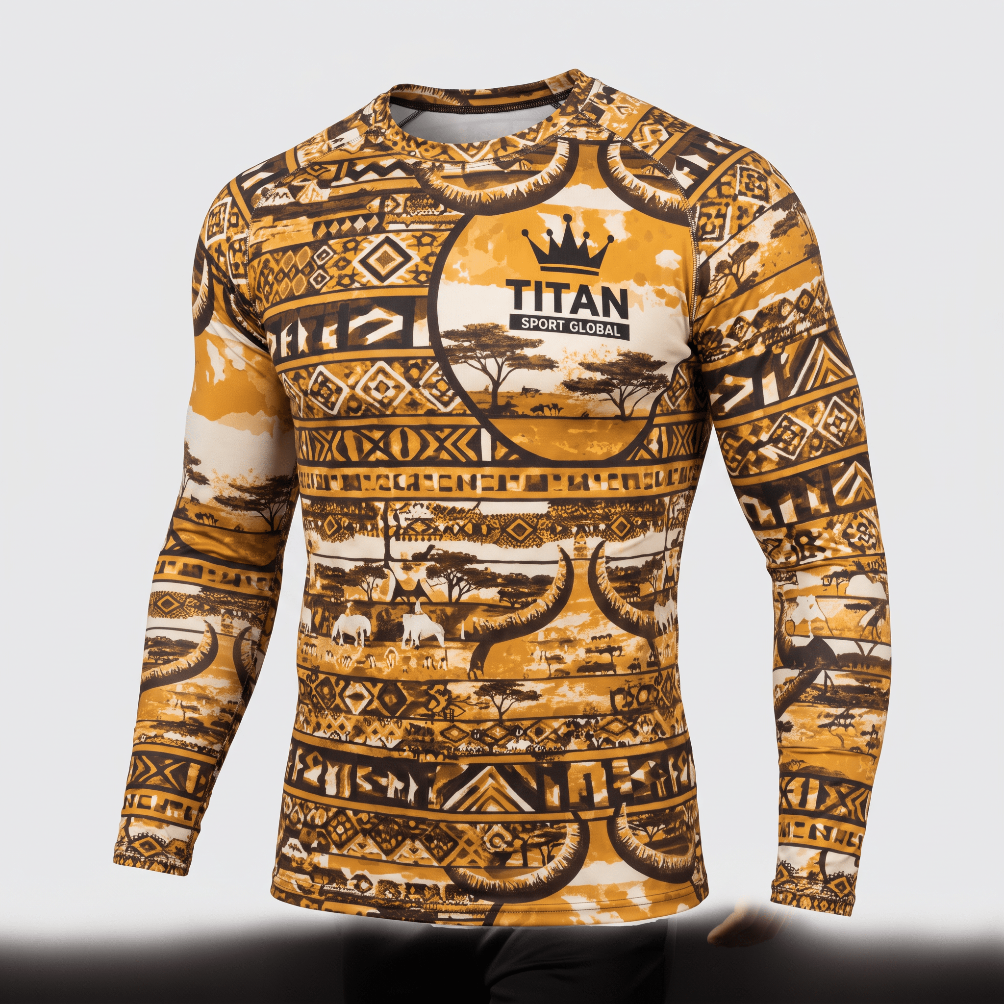 Titan Sport Global long-sleeve rash guard in gold and black with savanna print.