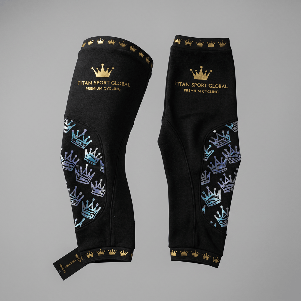 Titan Sport Global black cycling arm warmers with gold crowns and blue iridescent patterns.