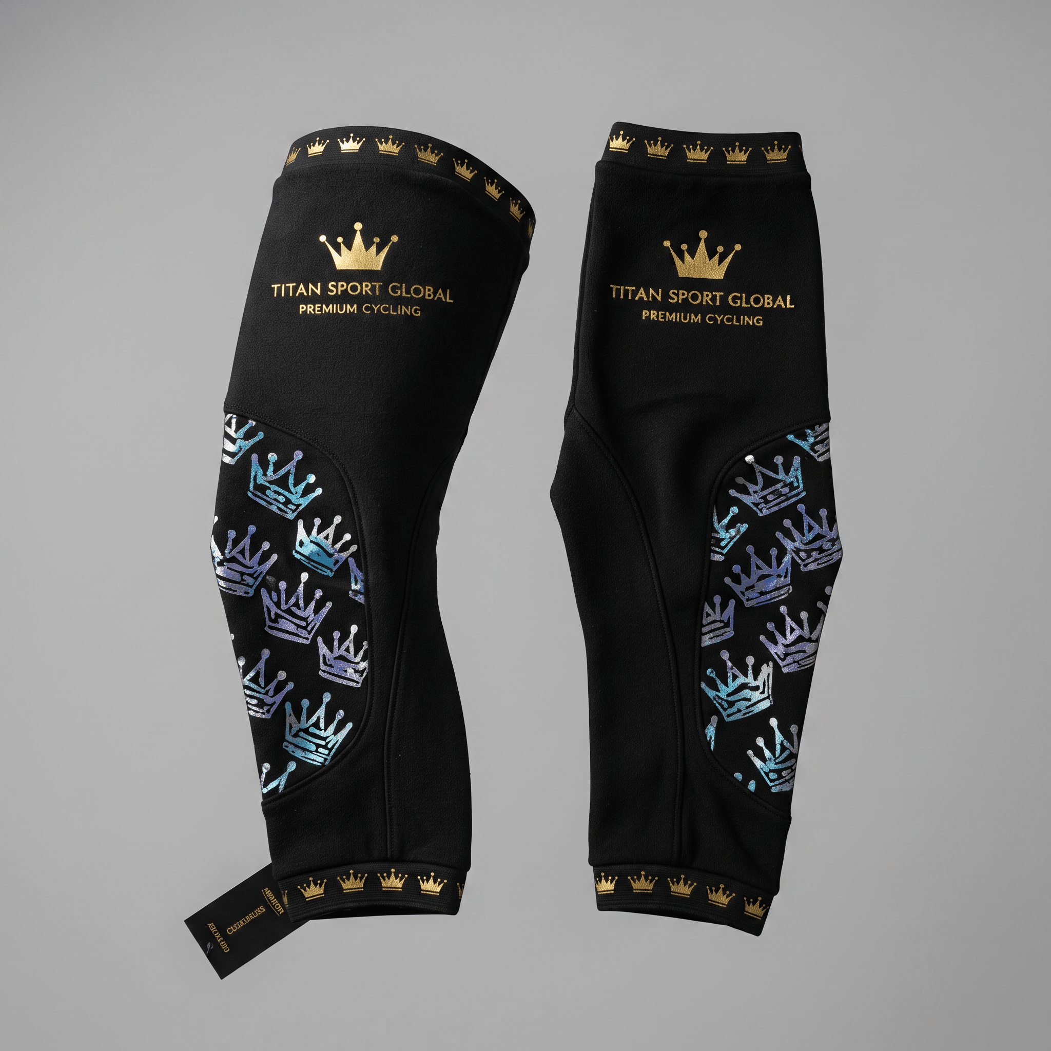 Titan Sport Global black cycling arm warmers with gold crowns and blue iridescent patterns.