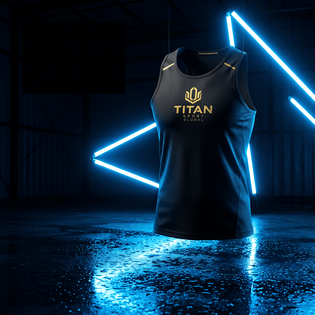 Black athletic tank top with gold "Titan Sport Global" logo, hanging against a neon blue geometric light background.