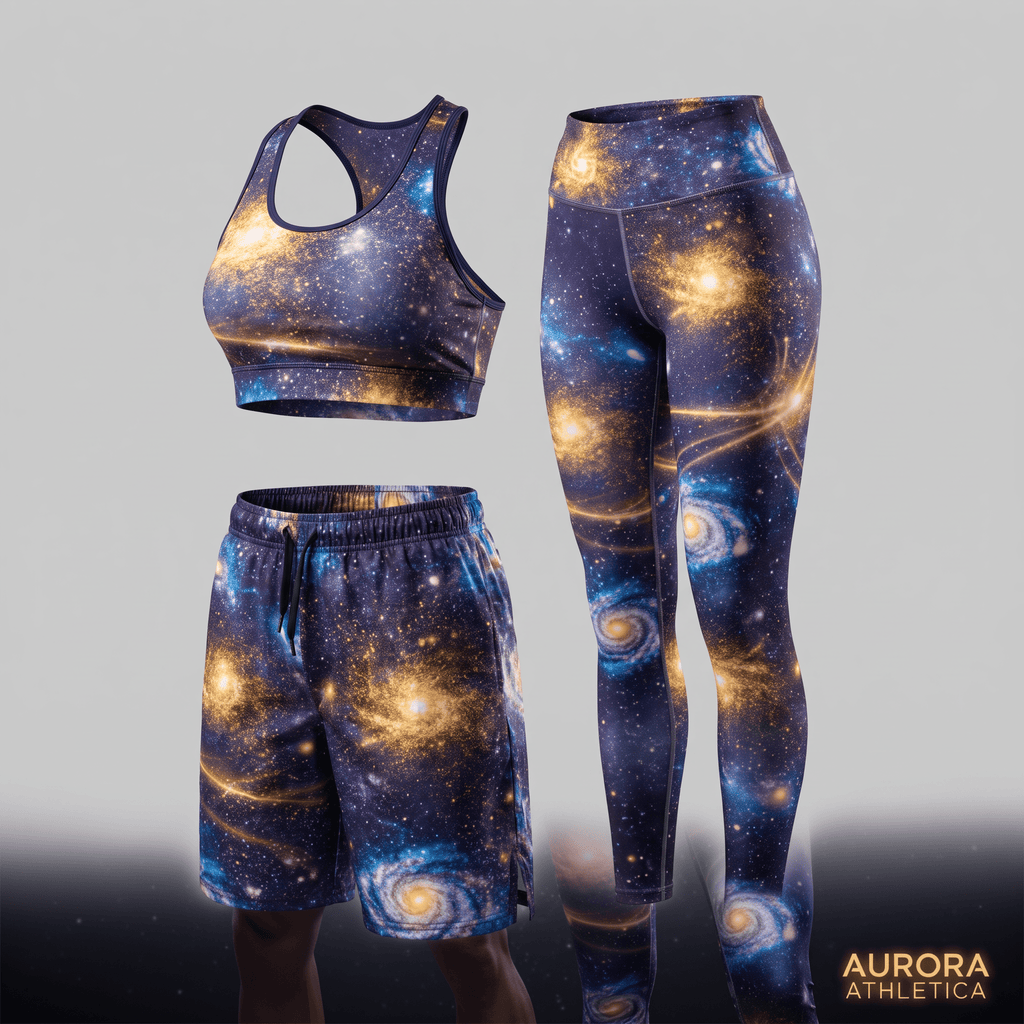 Aurora Athletica matching workout set featuring galaxy print sports bra, leggings, and shorts in blue and gold.