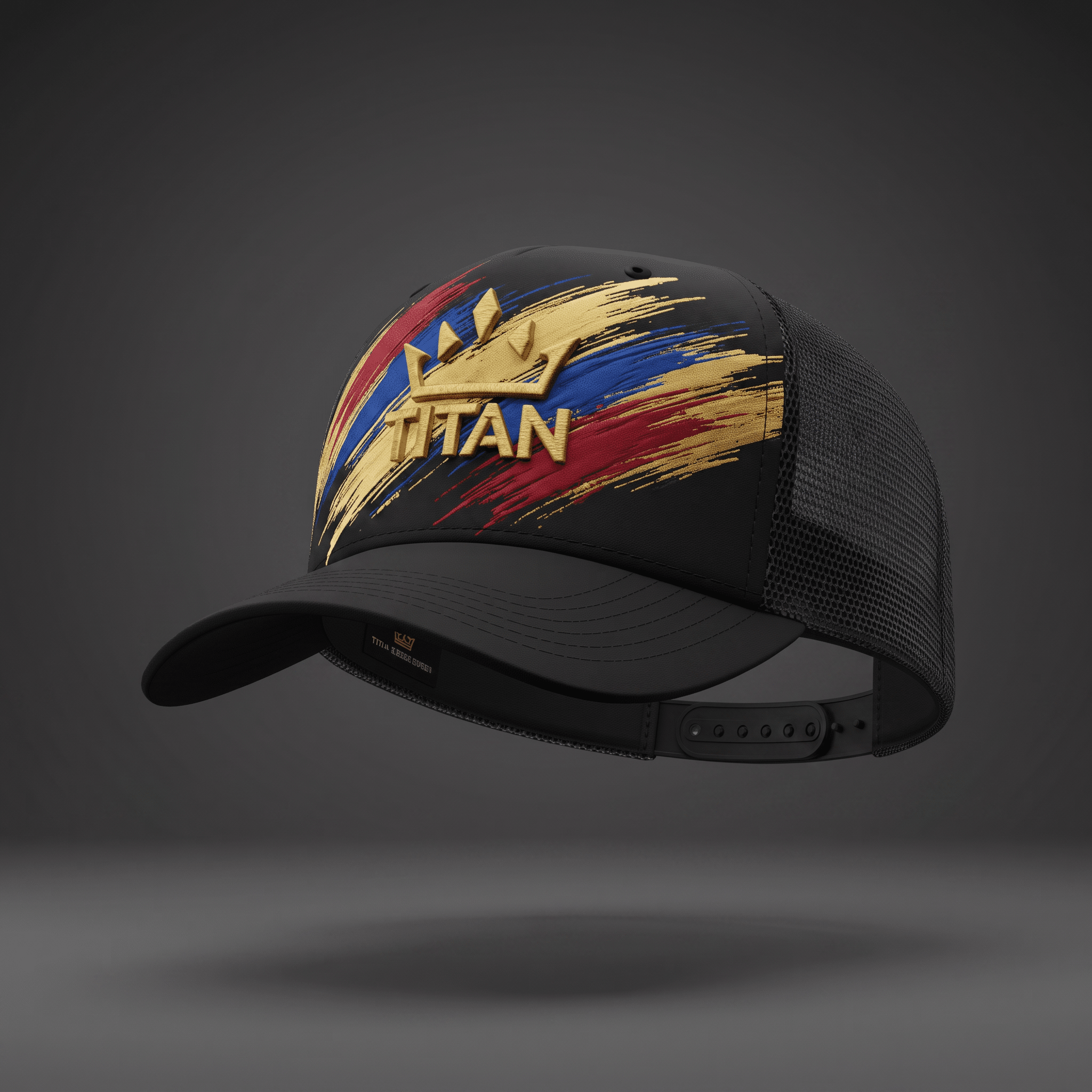 Black trucker hat featuring a gold crown embroidery over red, blue, and gold paint stroke graphics.