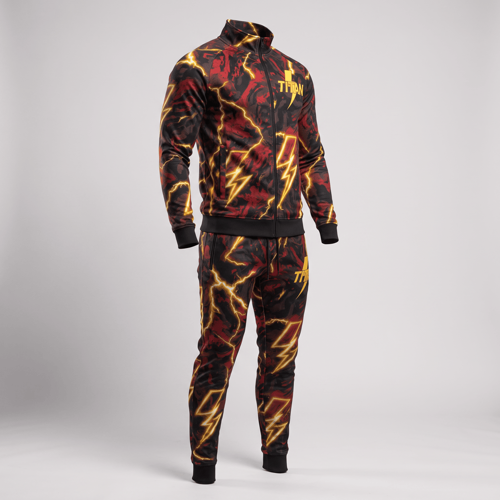 Red and black tracksuit with yellow lightning bolt pattern and Titan logo on a mannequin.