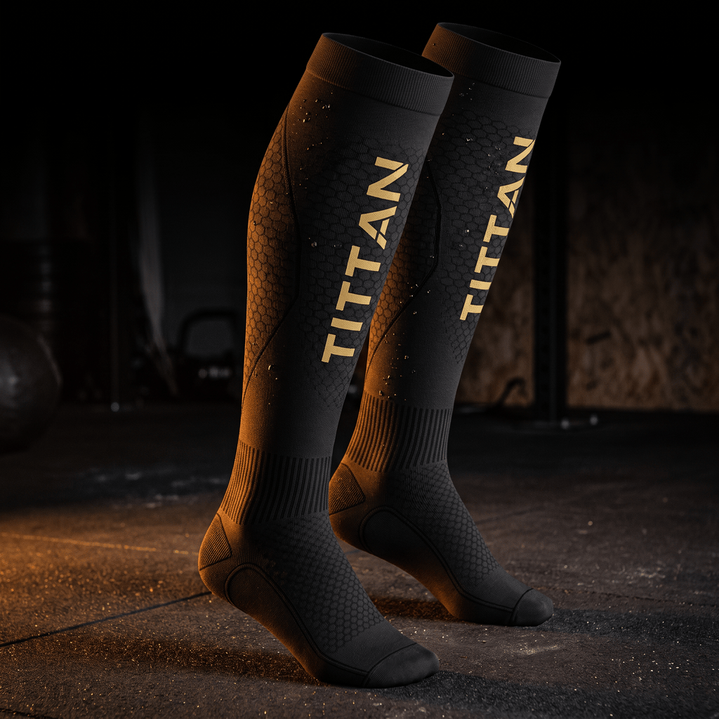 Black compression socks with a honeycomb pattern and gold "TITTAN" branding, featured in a gym setting.