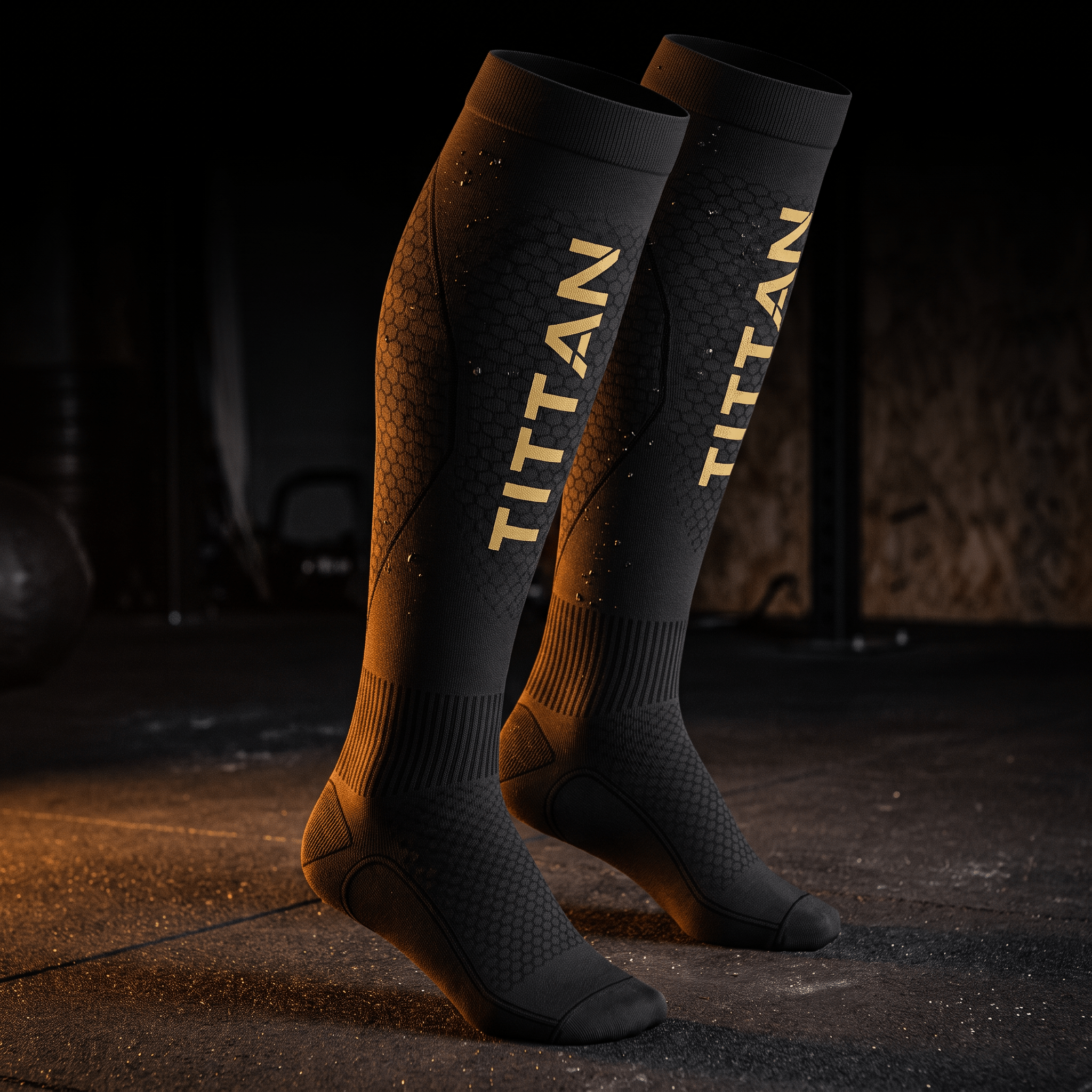 Black compression socks with a honeycomb pattern and gold "TITTAN" branding, featured in a gym setting.
