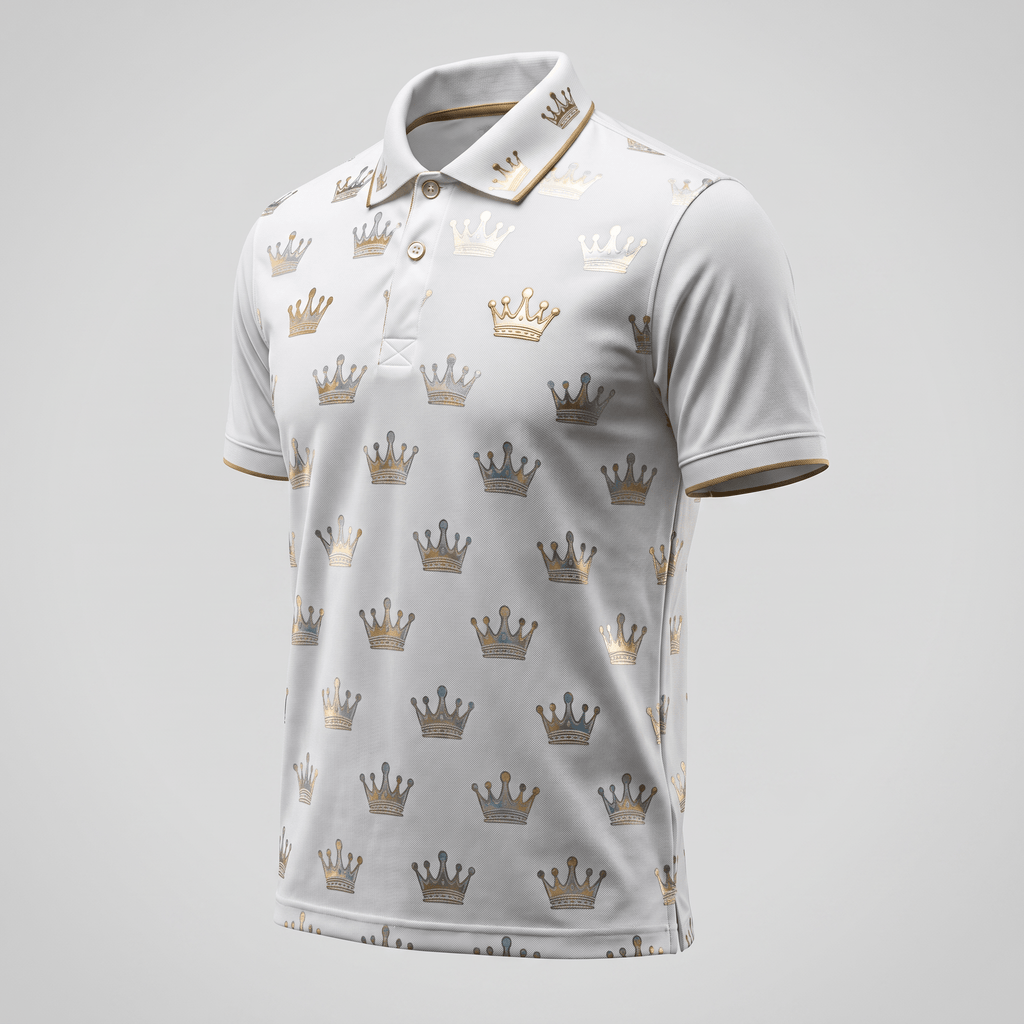 White polo shirt with an all-over gold crown pattern, collar, and gold-trimmed sleeve cuffs.