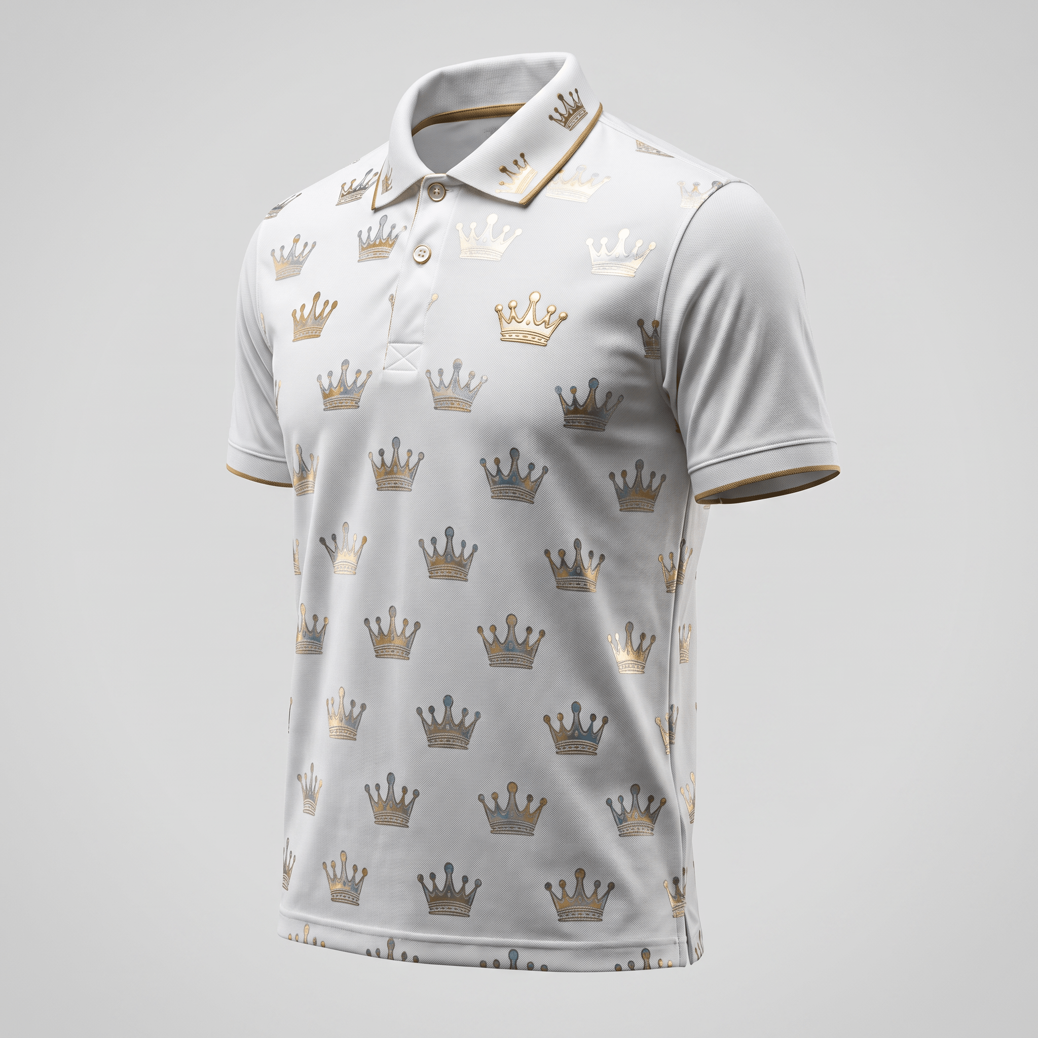 White polo shirt with an all-over gold crown pattern, collar, and gold-trimmed sleeve cuffs.