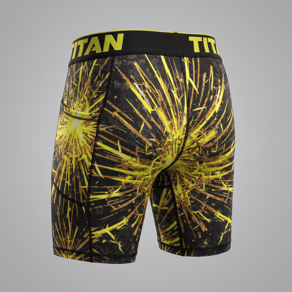 Rear view of Titan compression shorts in black with a yellow firework burst pattern and branded waistband.