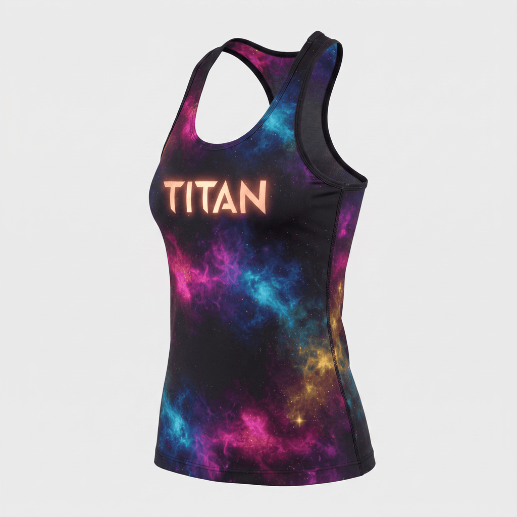 Black racerback tank top with colorful galaxy print and orange TITAN logo on chest.