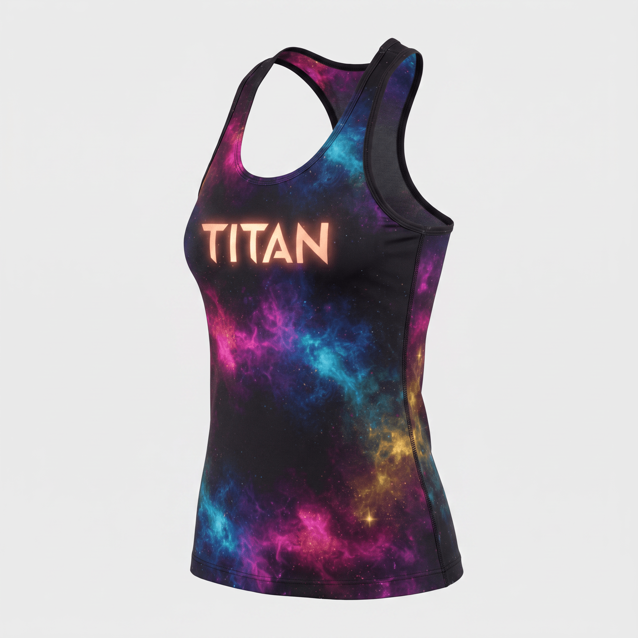 Black racerback tank top with colorful galaxy print and orange TITAN logo on chest.