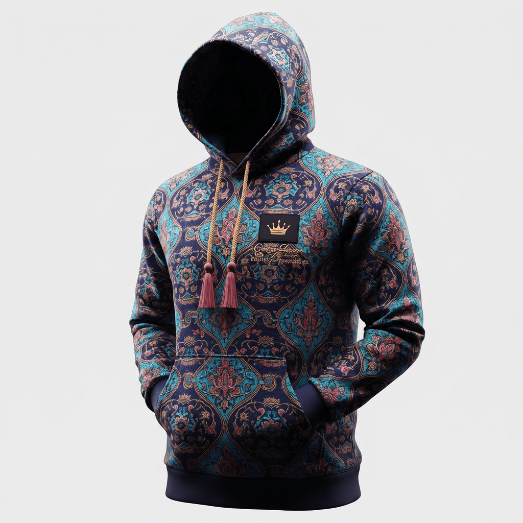 Blue and teal patterned hoodie with a hood, front pocket, and tassel drawstrings against a light background.