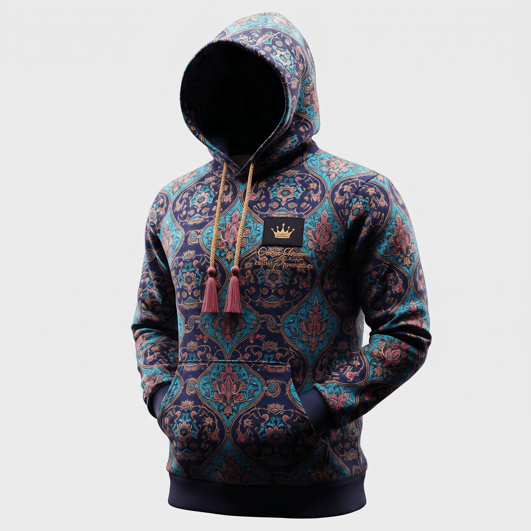 Blue and teal patterned hoodie with a hood, front pocket, and tassel drawstrings against a light background.