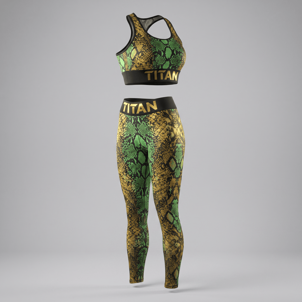 Green and gold snakeskin print athletic sports bra and matching leggings set with black Titan waistbands.