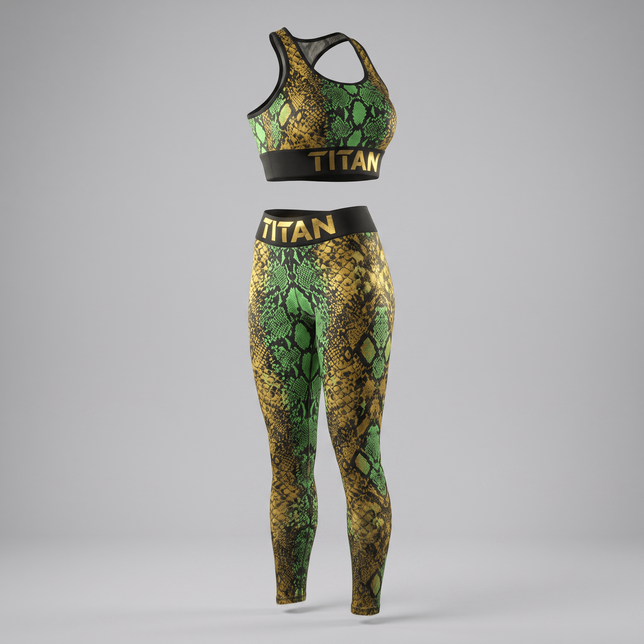 Green and gold snakeskin print athletic sports bra and matching leggings set with black Titan waistbands.