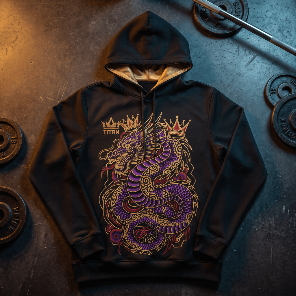Black hoodie with gold lining featuring a detailed purple and gold dragon graphic and crown logos.