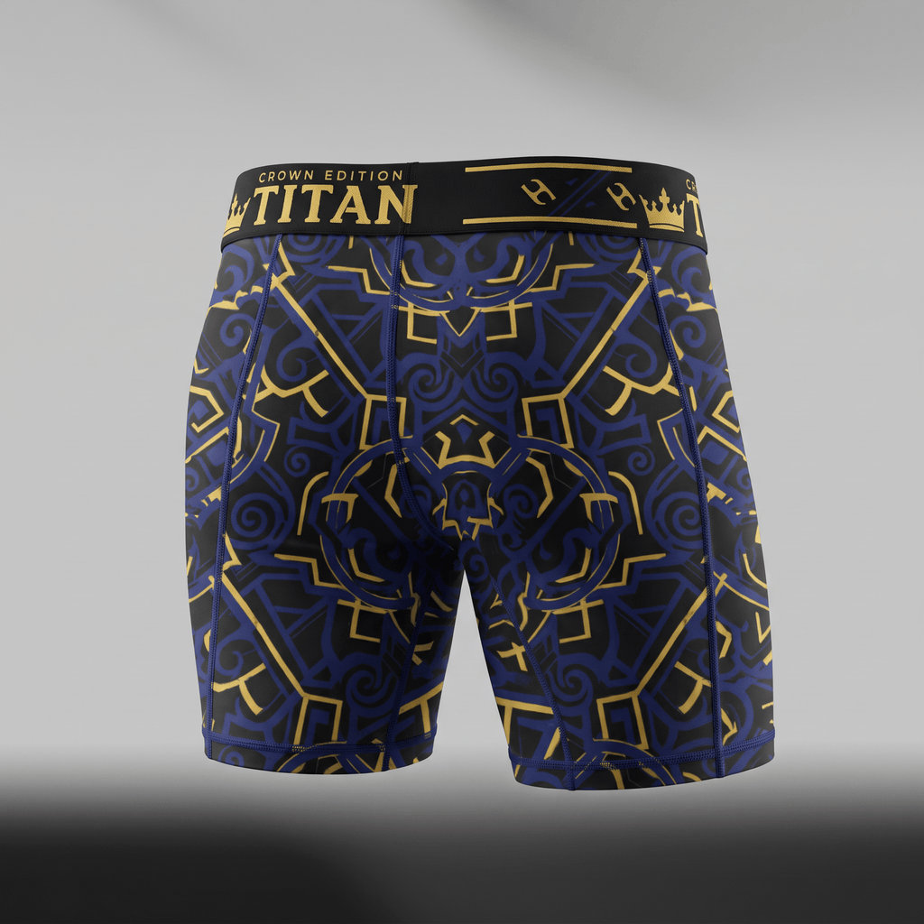 Titan blue and gold patterned boxer briefs with a black waistband showing Crown Edition text.