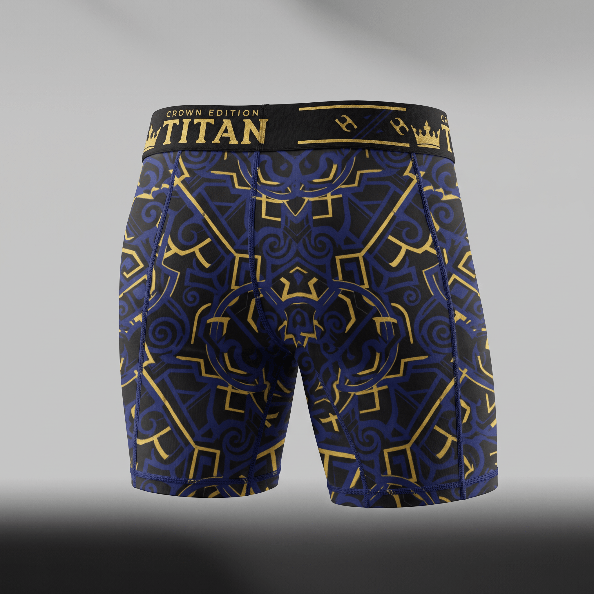 Titan Crown Edition boxer briefs in blue and gold with a geometric filigree pattern, back view.