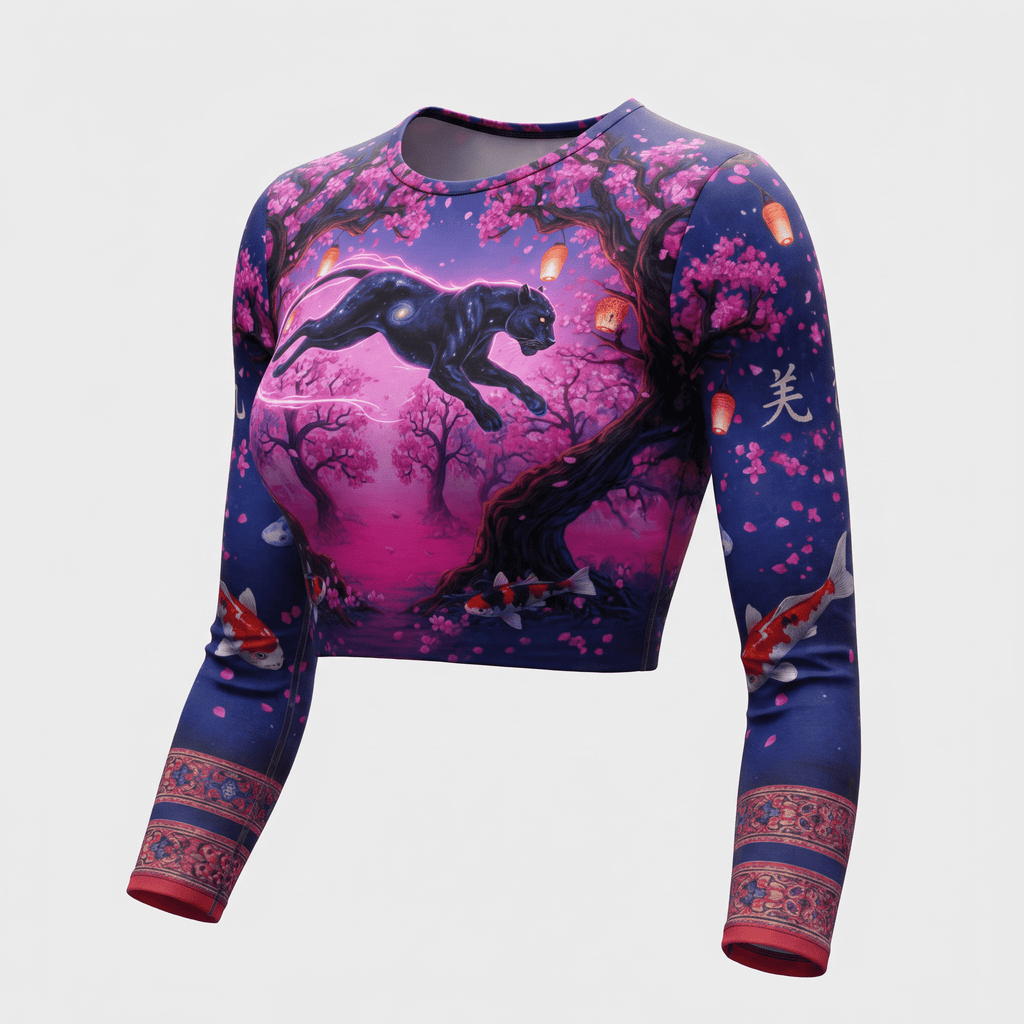 Long-sleeve crop top with a purple and pink Japanese landscape, black panther, cherry blossoms, and koi fish.