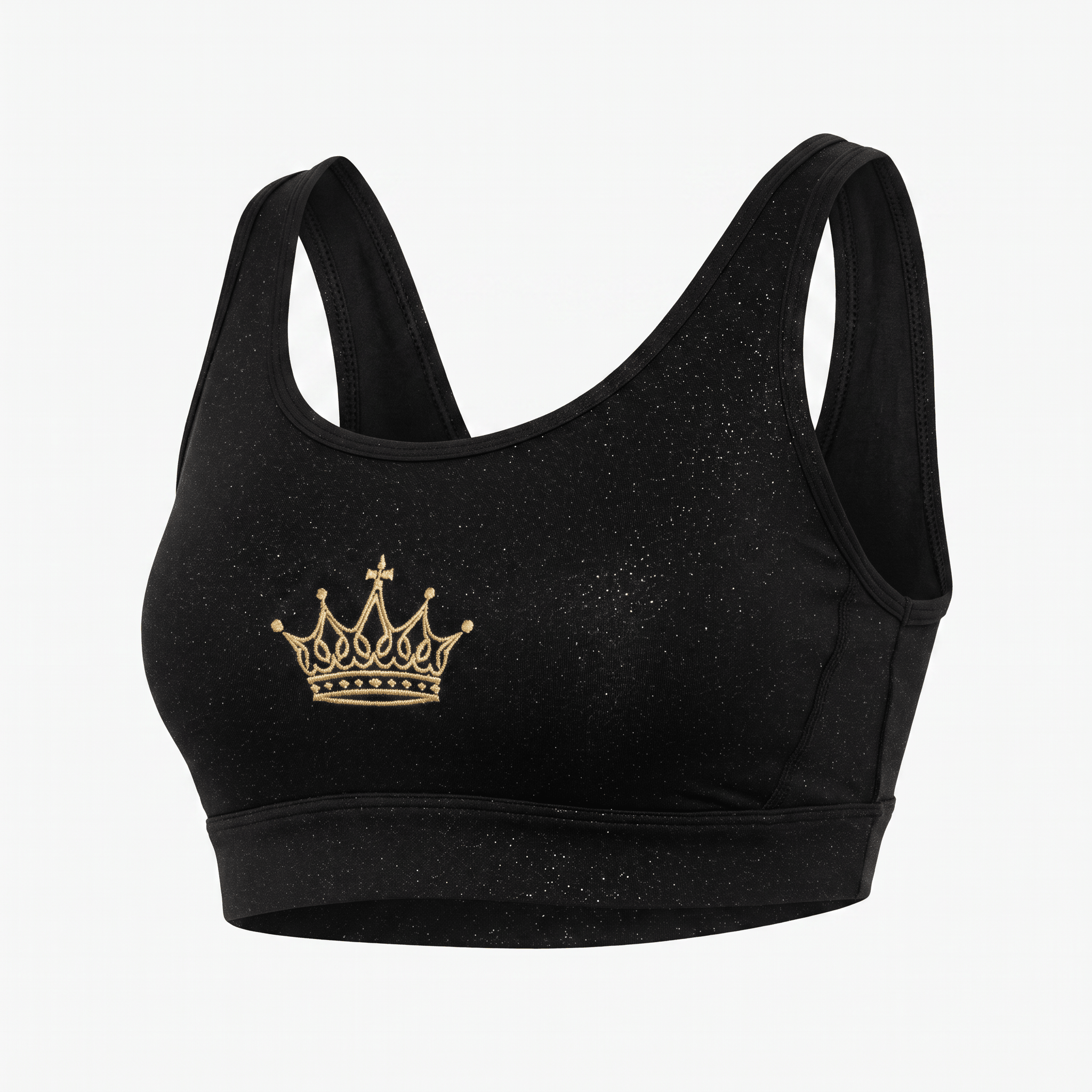 Black glitter sports bra with a gold embroidered crown on the front against a white background.