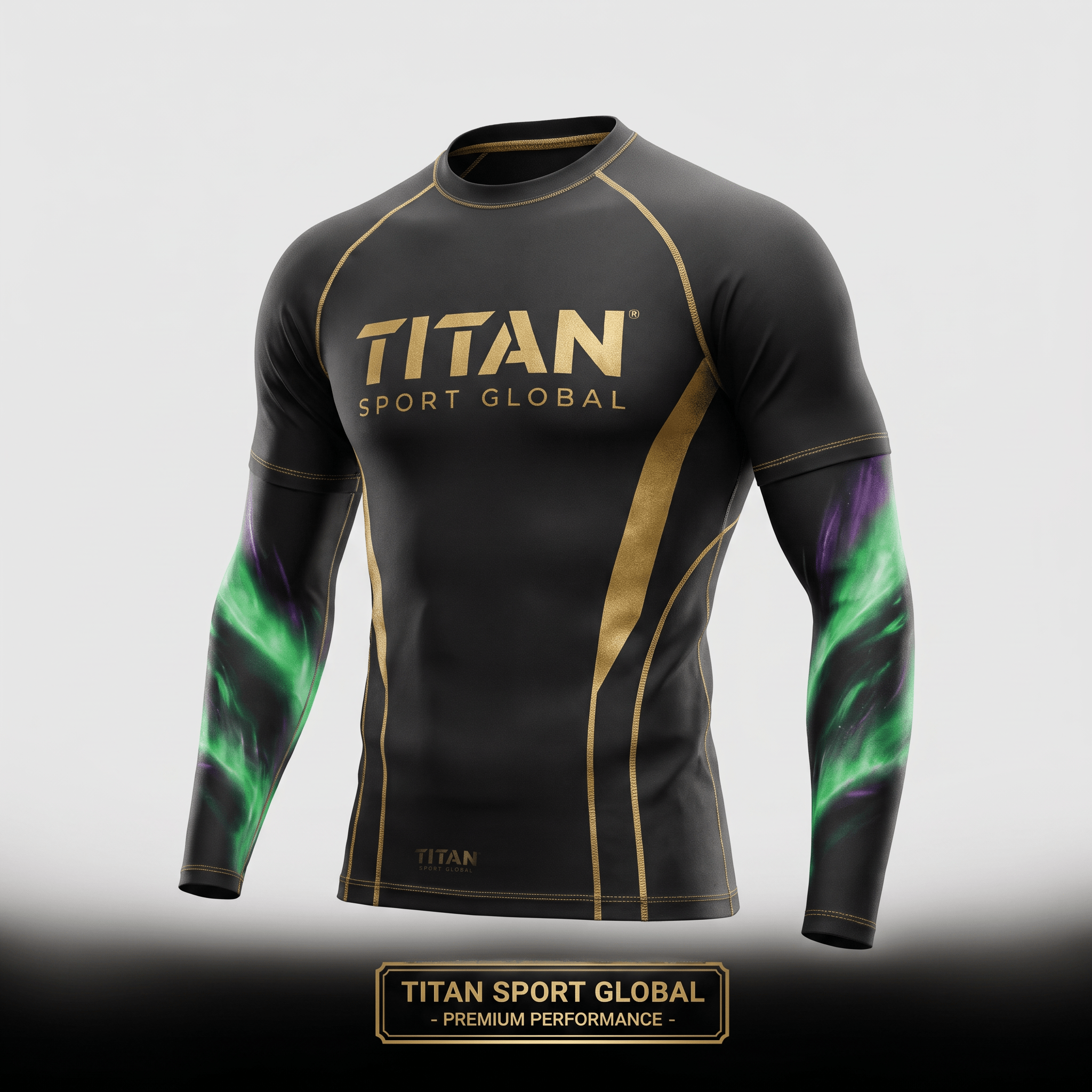 Black and gold Titan Sport Global long-sleeve rash guard with green nebula sleeve graphics.