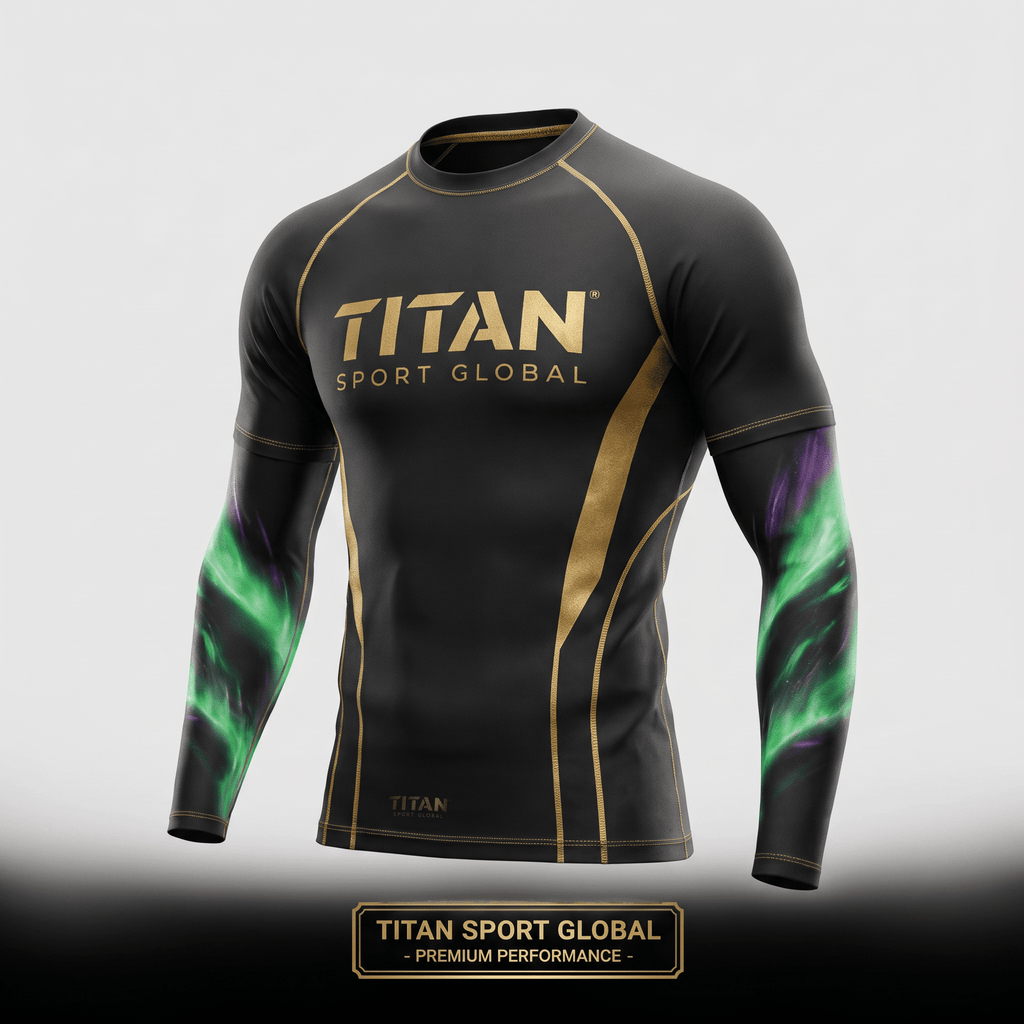 Black long-sleeve rash guard with gold Titan Sport Global logo and green and purple aurora graphics on sleeves.