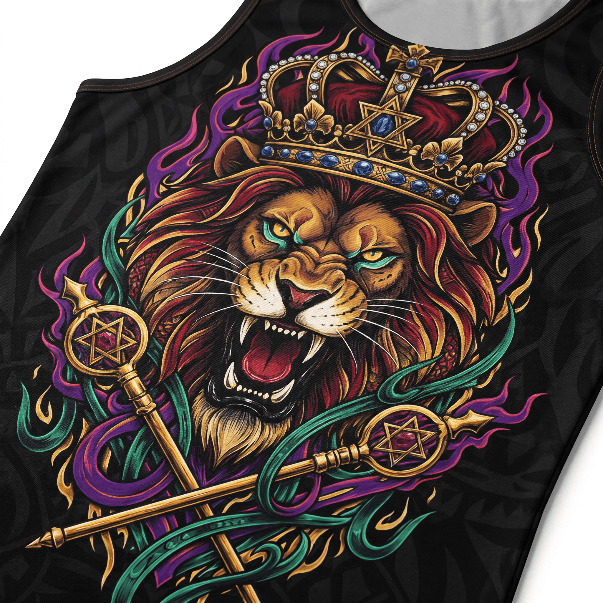 Black tank top featuring a roaring lion with a jeweled crown and scepters amid purple and green flames.