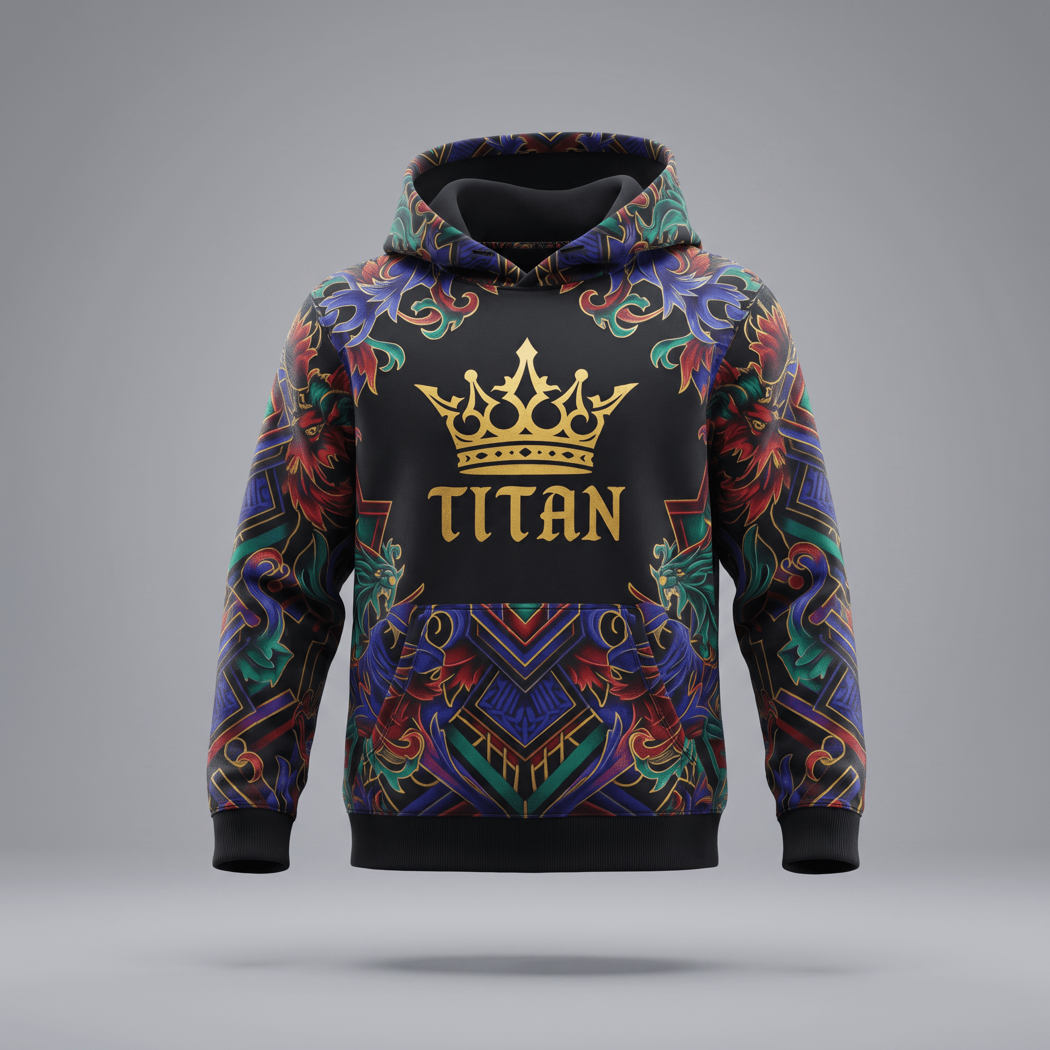 Black hoodie with colorful floral patterns, a gold crown, and the word TITAN printed in gold on the chest.