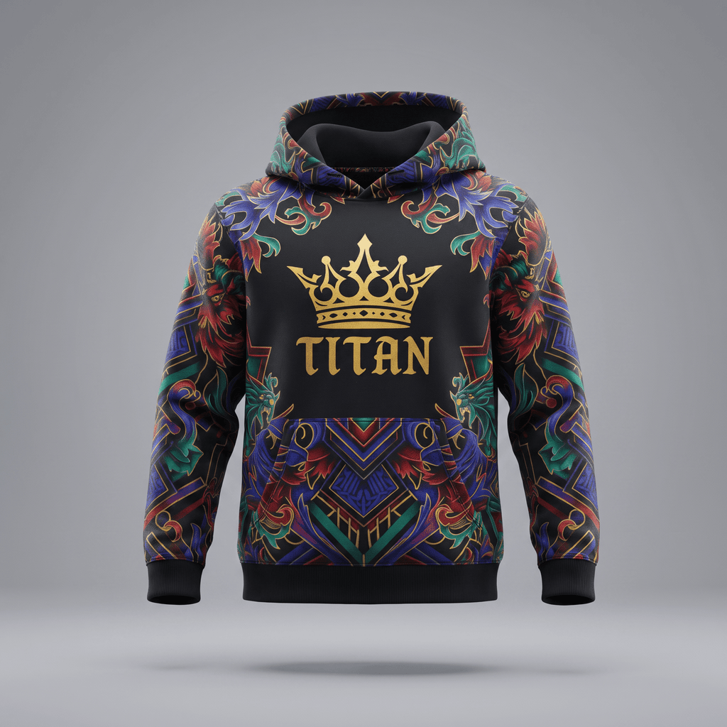Black hoodie with gold Titan crown graphic and colorful ornate baroque scrollwork pattern.