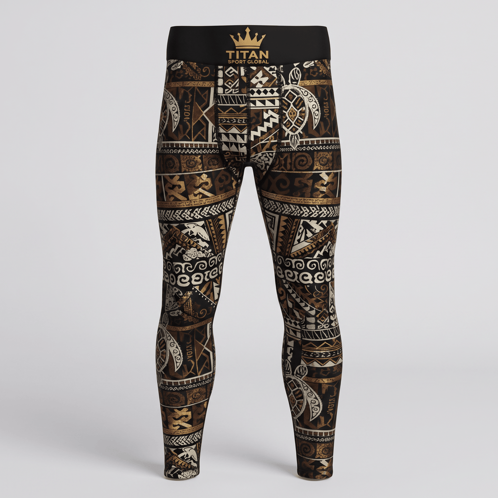 Titan Sport Global athletic leggings featuring brown and gold Polynesian tribal print and a black waistband.