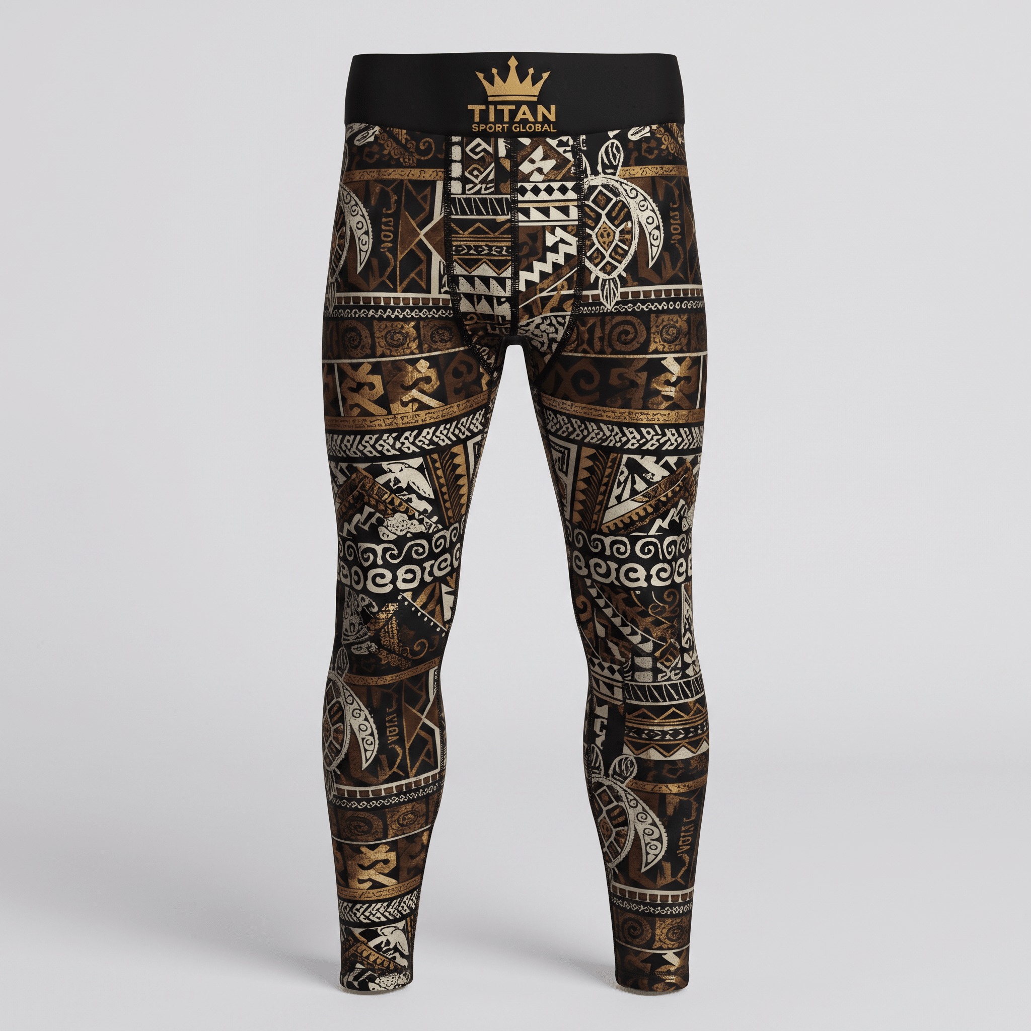Titan Sport Global athletic leggings featuring brown and gold Polynesian tribal print and a black waistband.