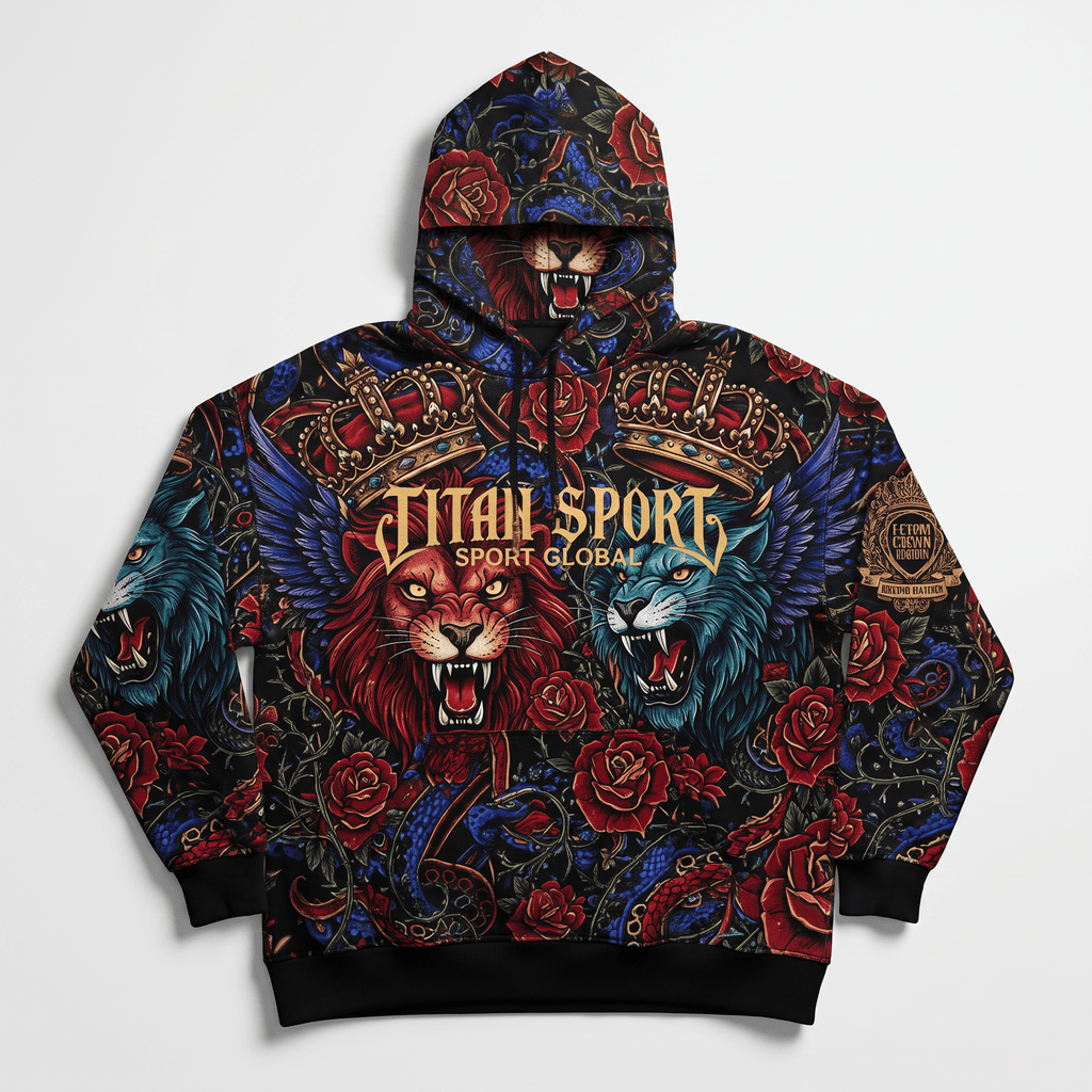 Black hoodie featuring an all-over print of roaring lions, crowns, winged beasts, and red roses with Titan Sport text.