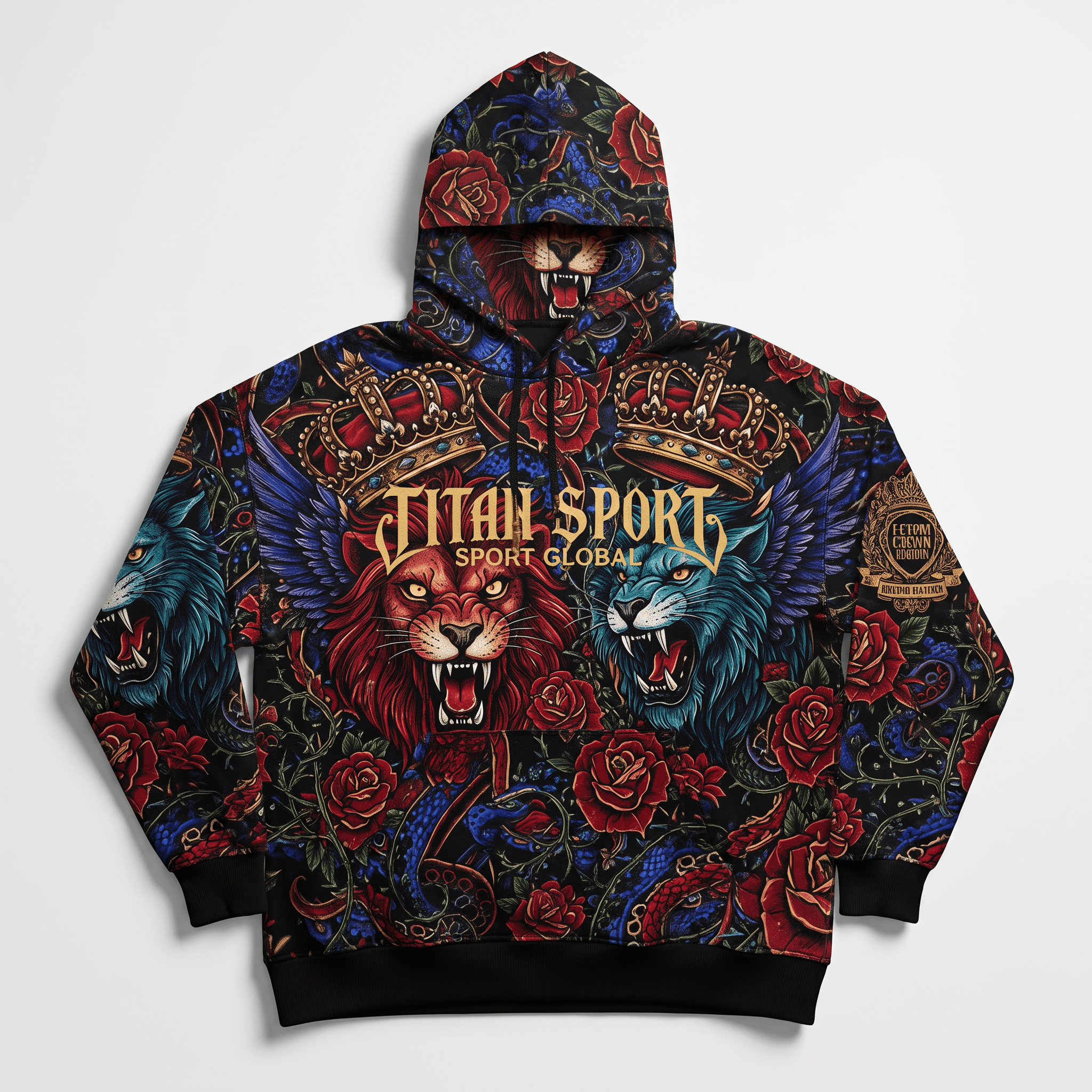 Black hoodie featuring a red and blue graphic of lions, crowns, roses, and Titan Sport text.