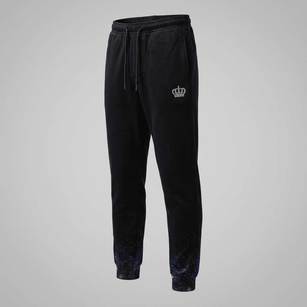 Black joggers with a drawstring waist, white crown logo, and blue galaxy gradient print on the cuffs.